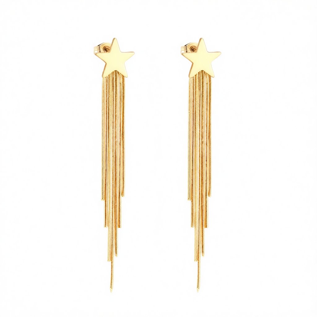 18K Gold-Plated Star Tassel Drop Earrings, gold drop earrings for women, elegant gift for her, side view