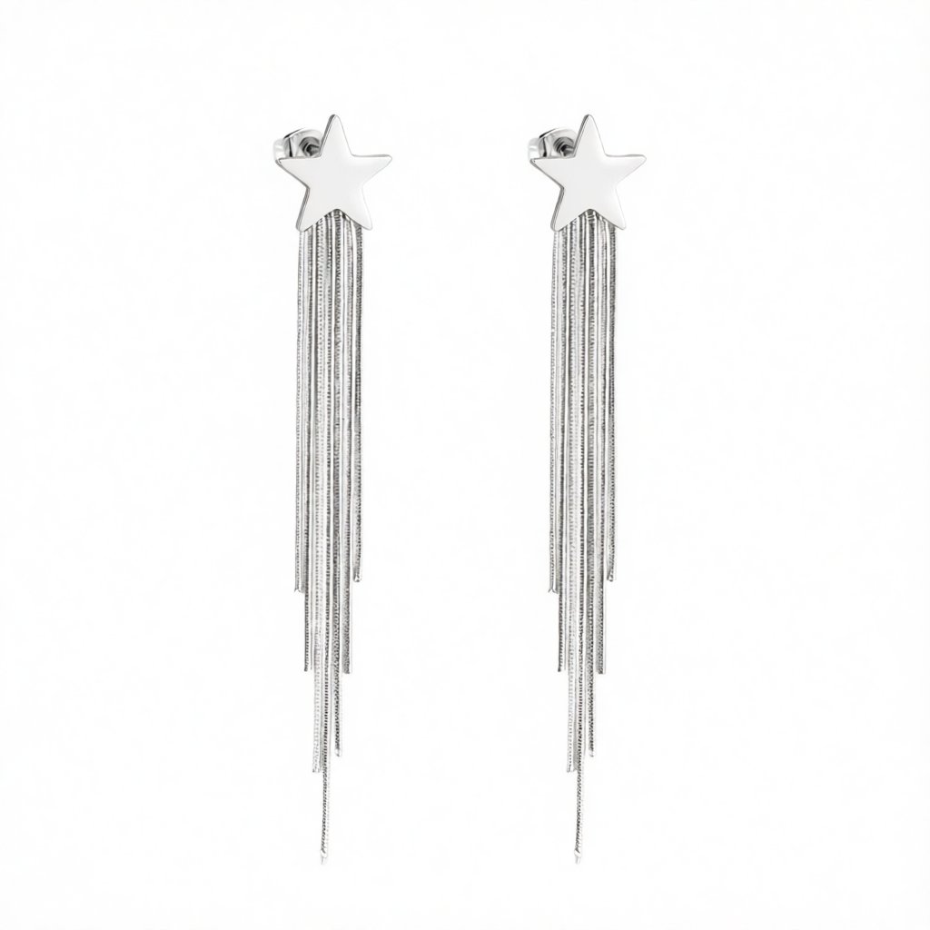 Silver-Plated Star Tassel Drop Earrings, silver drop earrings for women, vintage-inspired design, side view