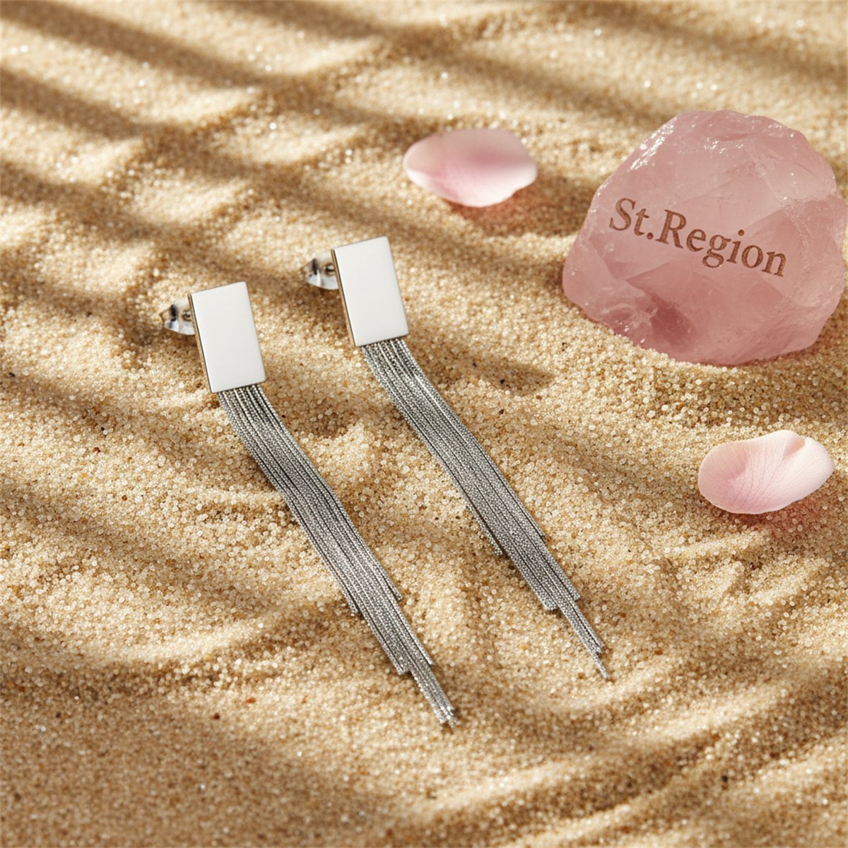 Silver-Plated Rectangle Tassel Drop Earrings, silver drop earrings for women, dainty minimalist design, detail close-up
