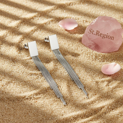 Silver-Plated Rectangle Tassel Drop Earrings, silver drop earrings for women, dainty minimalist design, detail close-up