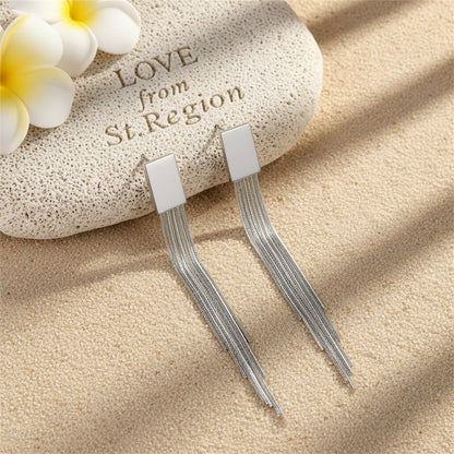 Silver-Plated Rectangle Tassel Drop Earrings, silver drop earrings for women, dainty minimalist design, lifestyle look