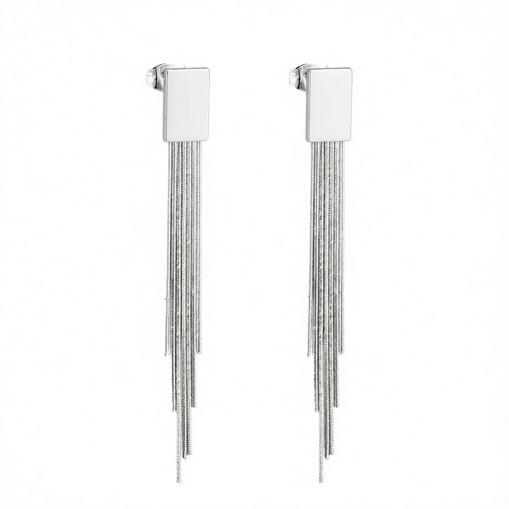 Silver-Plated Rectangle Tassel Drop Earrings, silver drop earrings for women, dainty minimalist design, side view