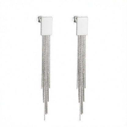 Silver-Plated Rectangle Tassel Drop Earrings, silver drop earrings for women, dainty minimalist design, side view