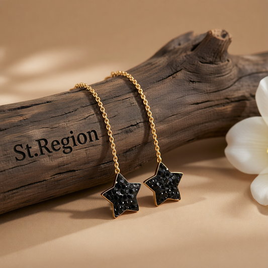 Black Cubic Zirconia & 18K Gold-Plated Star Threader Earrings