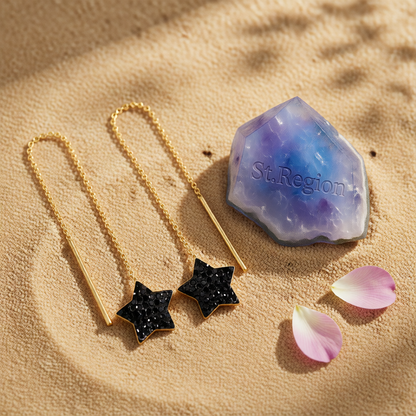 Black Cubic Zirconia & 18K Gold-Plated Star Threader Earrings