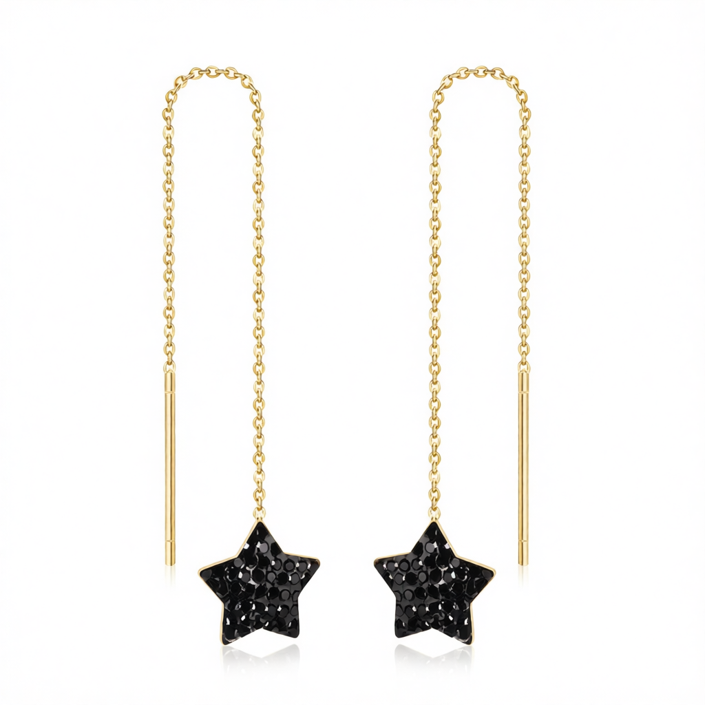 Black Cubic Zirconia & 18K Gold-Plated Star Threader Earrings