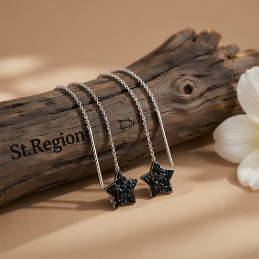 Black Cubic Zirconia & Silver-Plated Star Threader Earrings