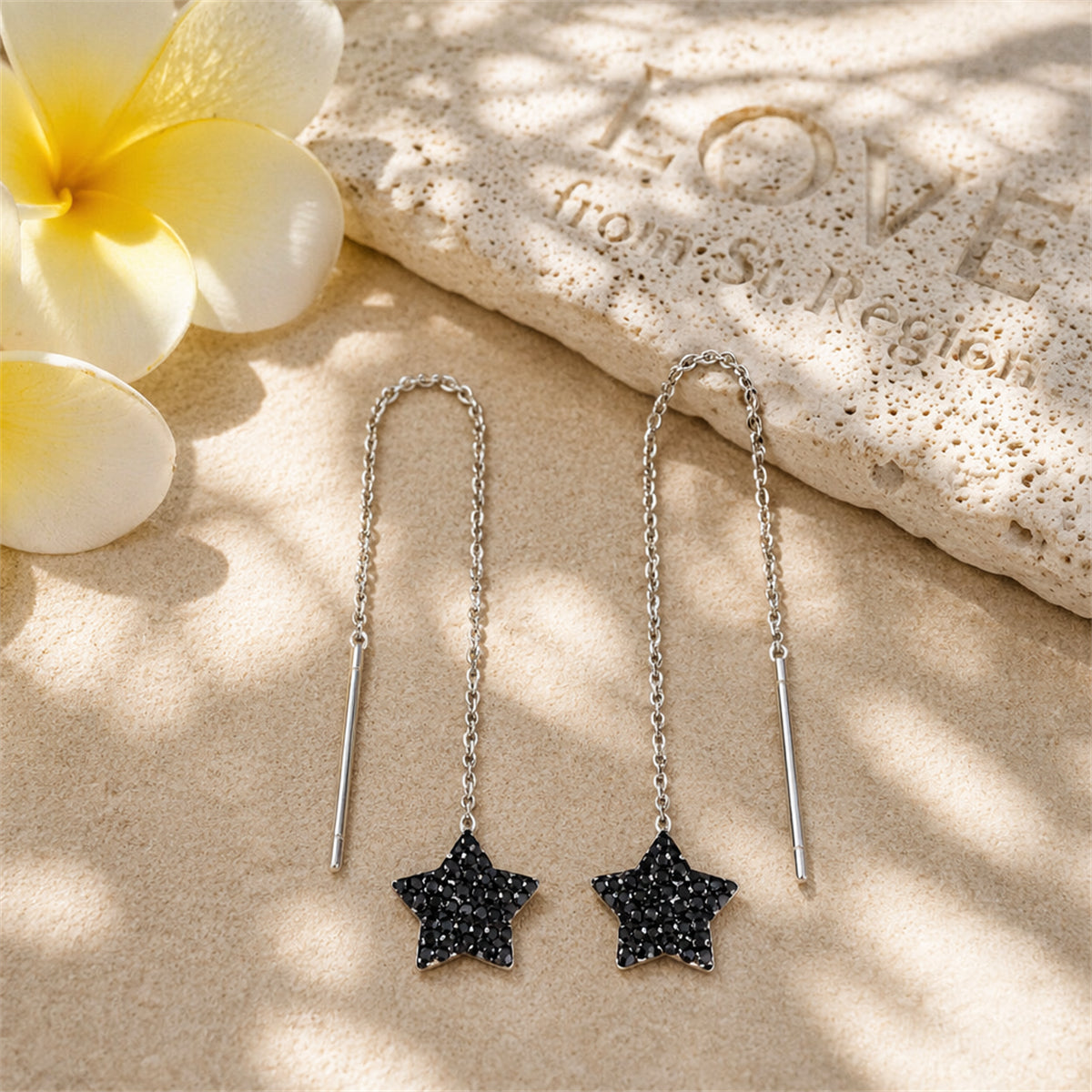 Black Cubic Zirconia & Silver-Plated Star Threader Earrings
