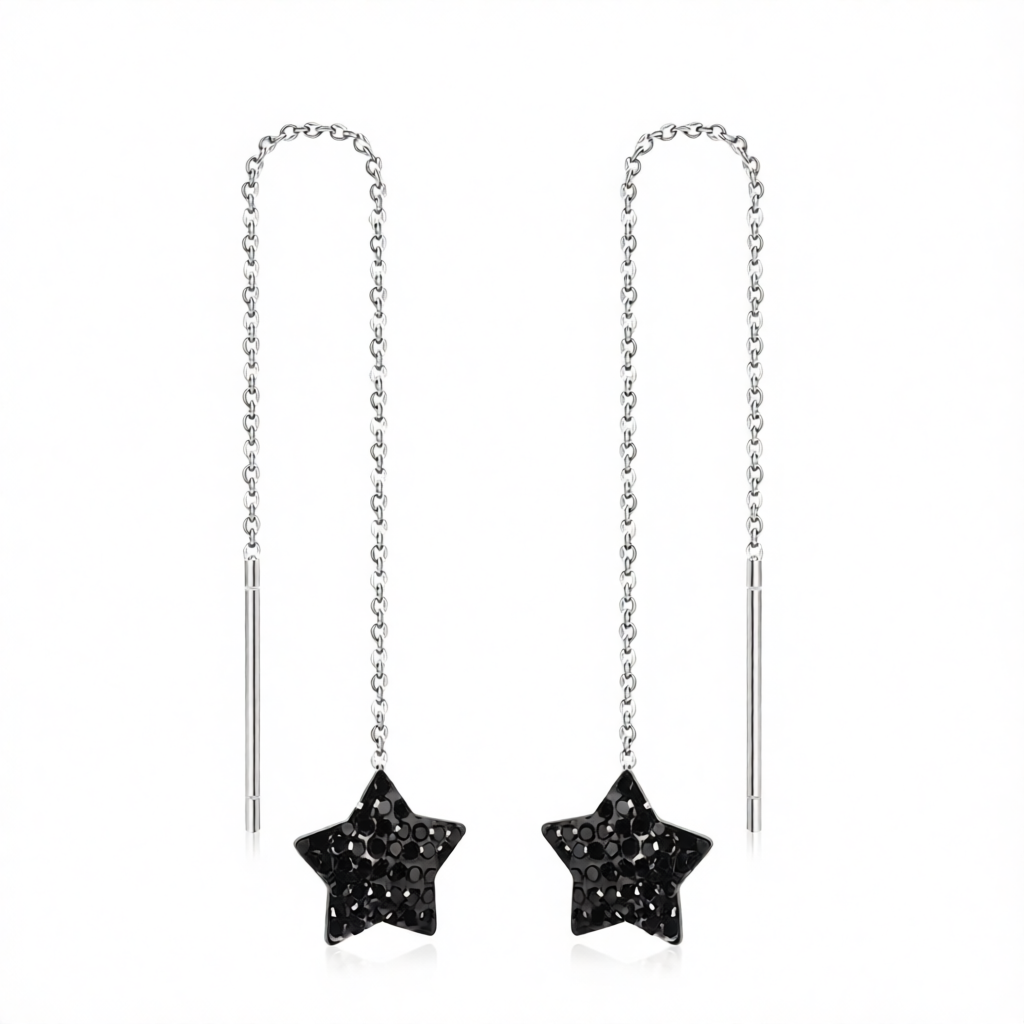 Black Cubic Zirconia & Silver-Plated Star Threader Earrings