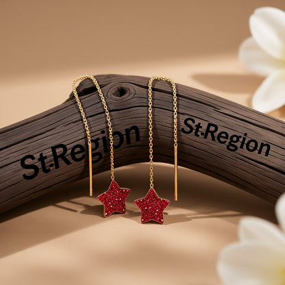 Red Cubic Zirconia and 18K Gold-Plated Star Threader Earrings, everyday style, front view
