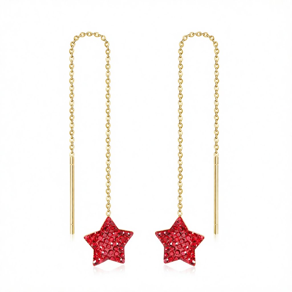 Red Cubic Zirconia and 18K Gold-Plated Star Threader Earrings, everyday style, side view