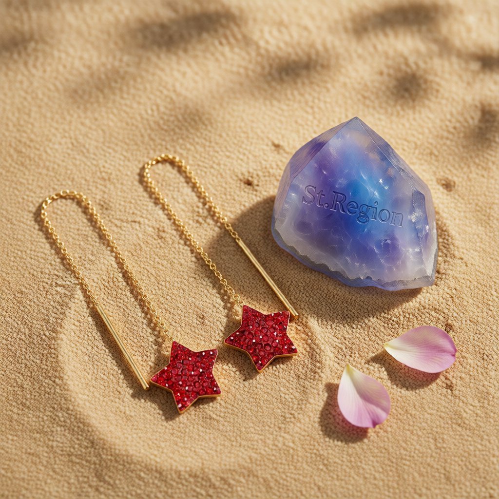 Red Cubic Zirconia and 18K Gold-Plated Star Threader Earrings, everyday style, detail close-up