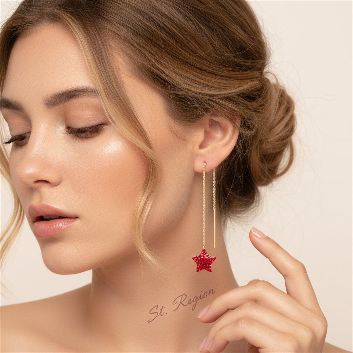Red Cubic Zirconia and 18K Gold-Plated Star Threader Earrings, everyday style, styled look