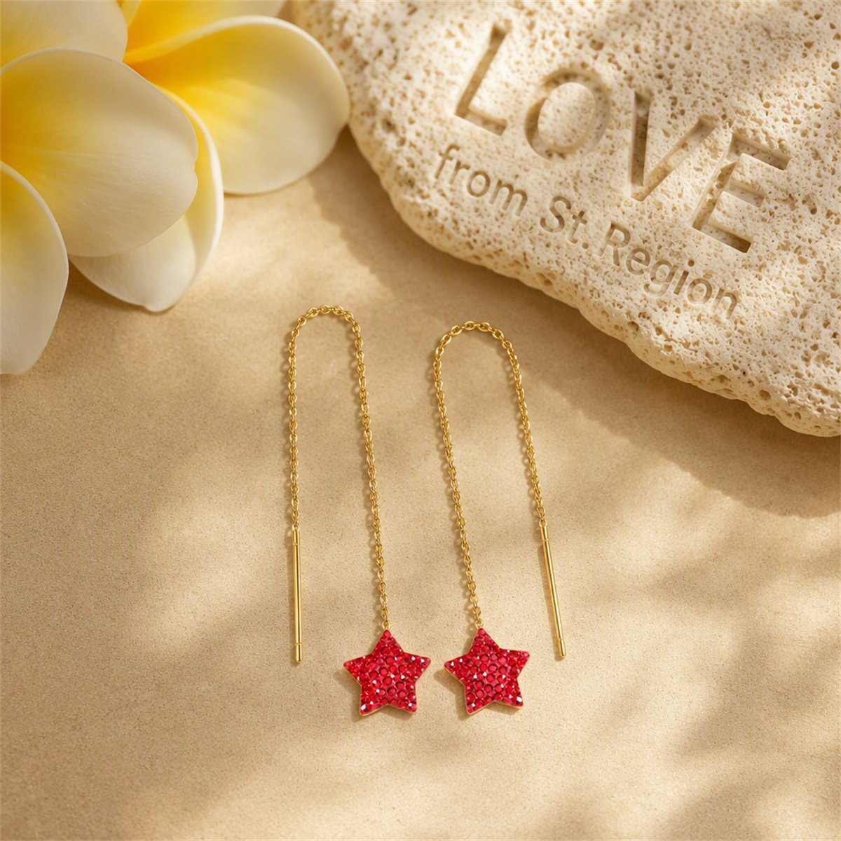 Red Cubic Zirconia and 18K Gold-Plated Star Threader Earrings, everyday style, lifestyle look