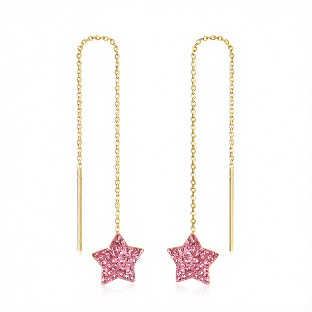 Pink Cubic Zirconia & 18K Gold-Plated Star Threader Earrings