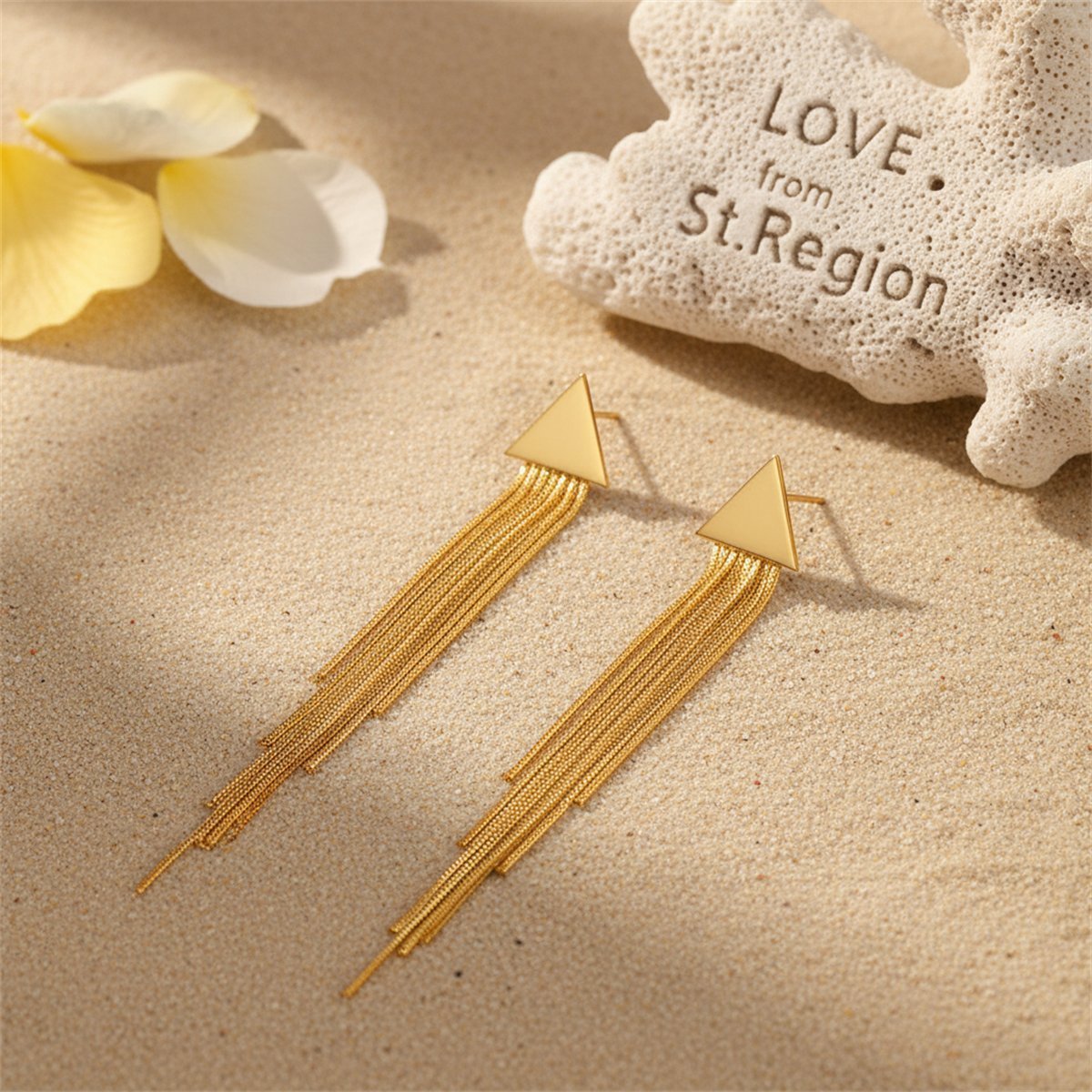 18K Gold-Plated Triangle Tassel Drop Earrings, gold drop earrings for women, dainty minimalist design, lifestyle look