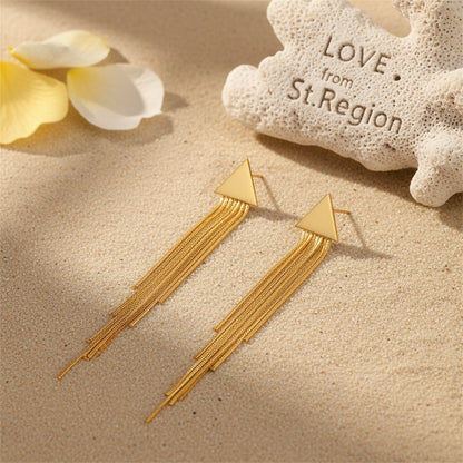 18K Gold-Plated Triangle Tassel Drop Earrings, gold drop earrings for women, dainty minimalist design, lifestyle look