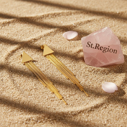 18K Gold-Plated Triangle Tassel Drop Earrings, gold drop earrings for women, dainty minimalist design, detail close-up