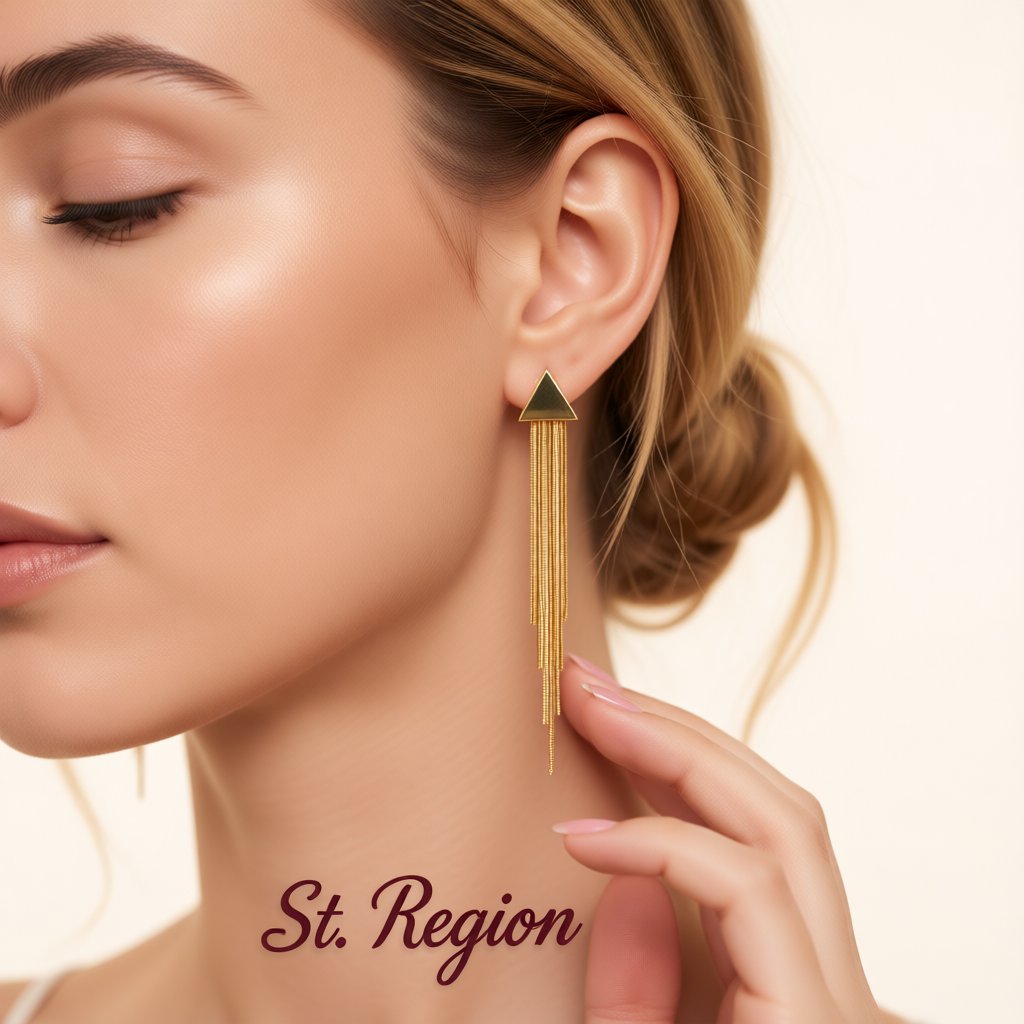 18K Gold-Plated Triangle Tassel Drop Earrings, gold drop earrings for women, dainty minimalist design, styled look