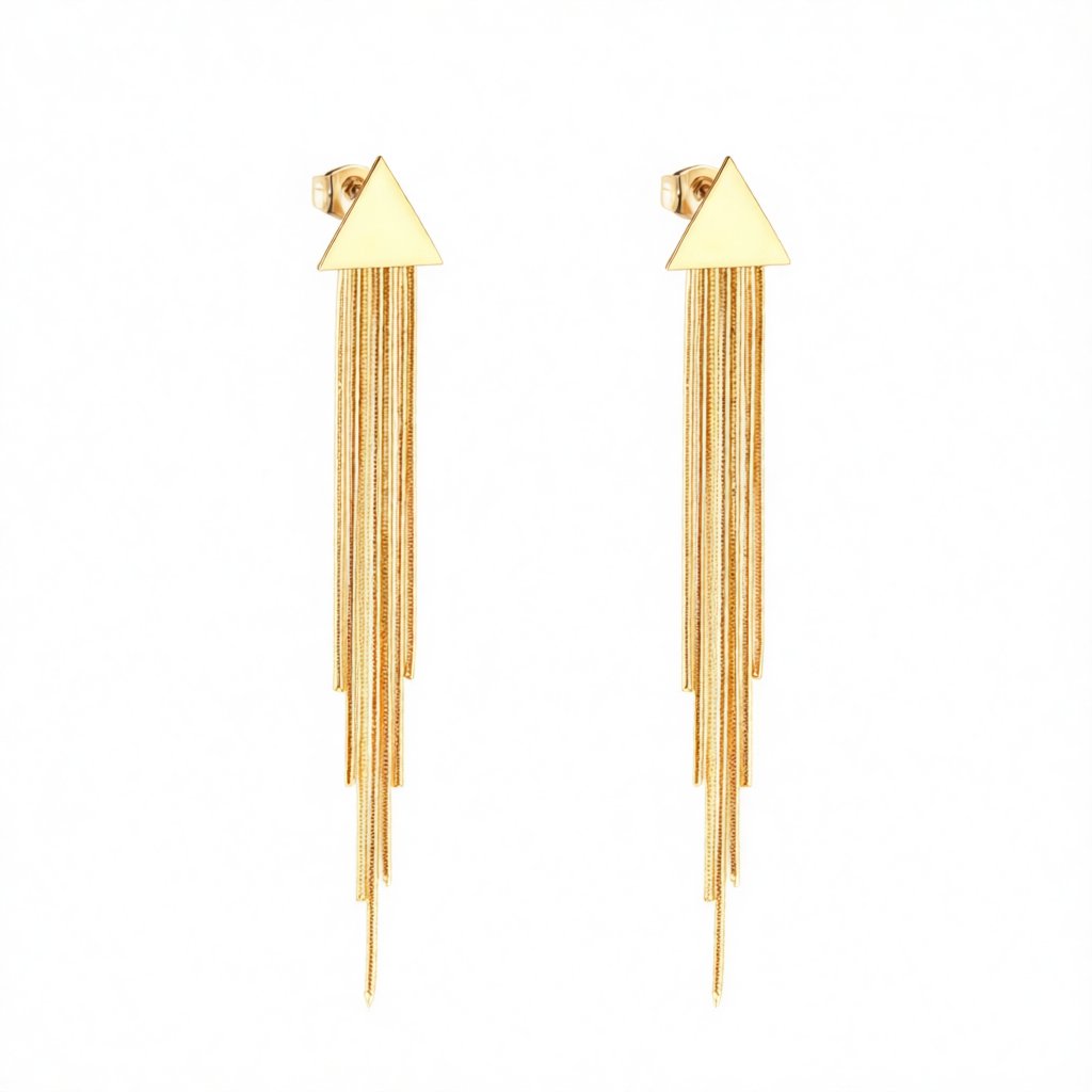 18K Gold-Plated Triangle Tassel Drop Earrings, gold drop earrings for women, dainty minimalist design, side view