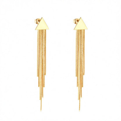18K Gold-Plated Triangle Tassel Drop Earrings, gold drop earrings for women, dainty minimalist design, side view