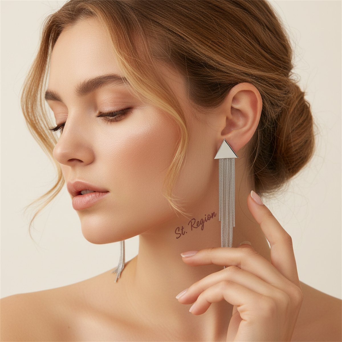 Silver-Plated Triangle Tassel Drop Earrings, silver drop earrings for women, everyday style, styled look