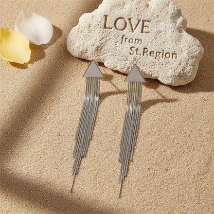 Silver-Plated Triangle Tassel Drop Earrings, silver drop earrings for women, everyday style, lifestyle look