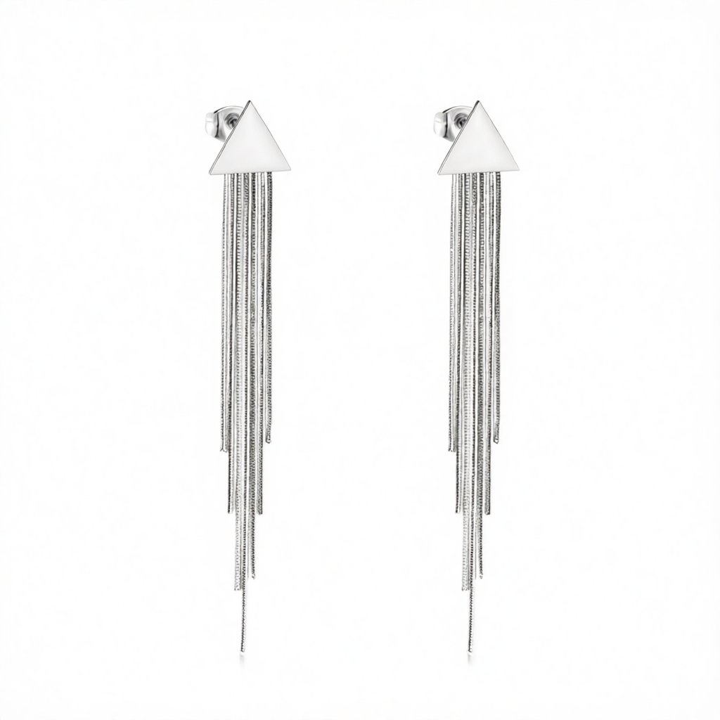 Silver-Plated Triangle Tassel Drop Earrings, silver drop earrings for women, everyday style, side view