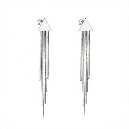 Silver-Plated Triangle Tassel Drop Earrings, silver drop earrings for women, everyday style, side view