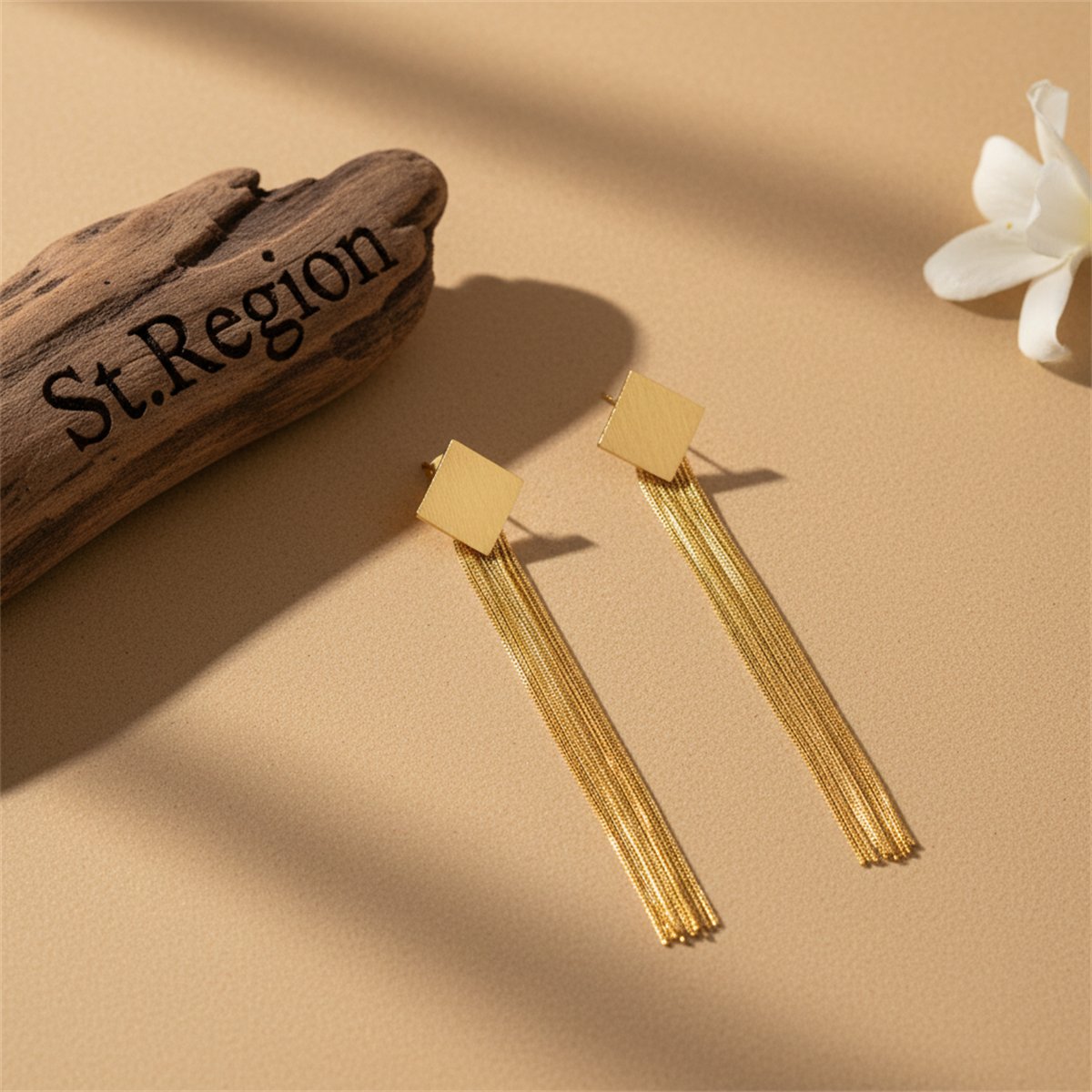 18K Gold-Plated Rhombus Tassel Drop Earrings, gold drop earrings for women, everyday style, front view