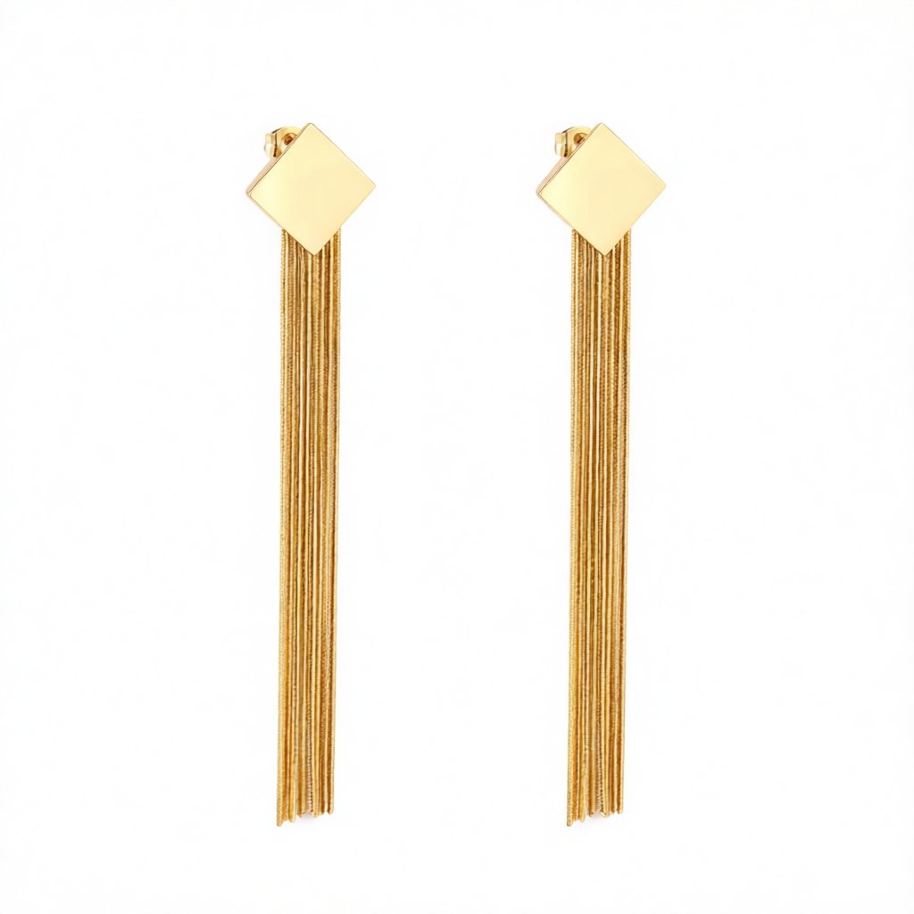 18K Gold-Plated Rhombus Tassel Drop Earrings, gold drop earrings for women, everyday style, side view