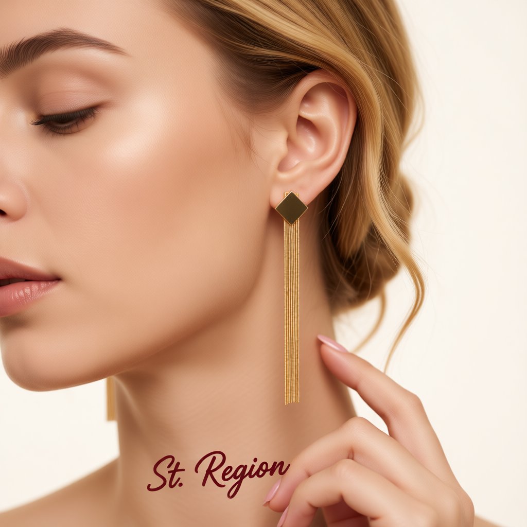 18K Gold-Plated Rhombus Tassel Drop Earrings, gold drop earrings for women, everyday style, styled look