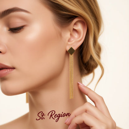 18K Gold-Plated Rhombus Tassel Drop Earrings, gold drop earrings for women, everyday style, styled look