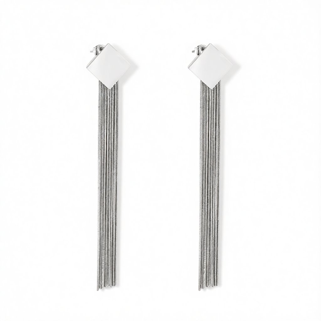 Silver-Plated Square Tassel Drop Earrings, silver drop earrings for women, everyday style, side view