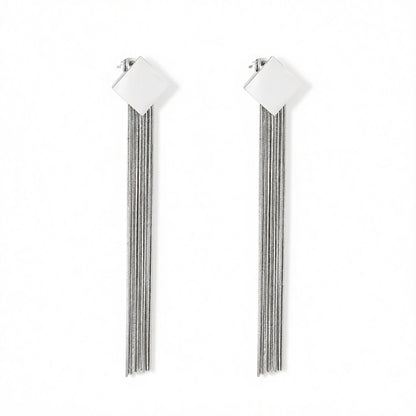 Silver-Plated Square Tassel Drop Earrings, silver drop earrings for women, everyday style, side view