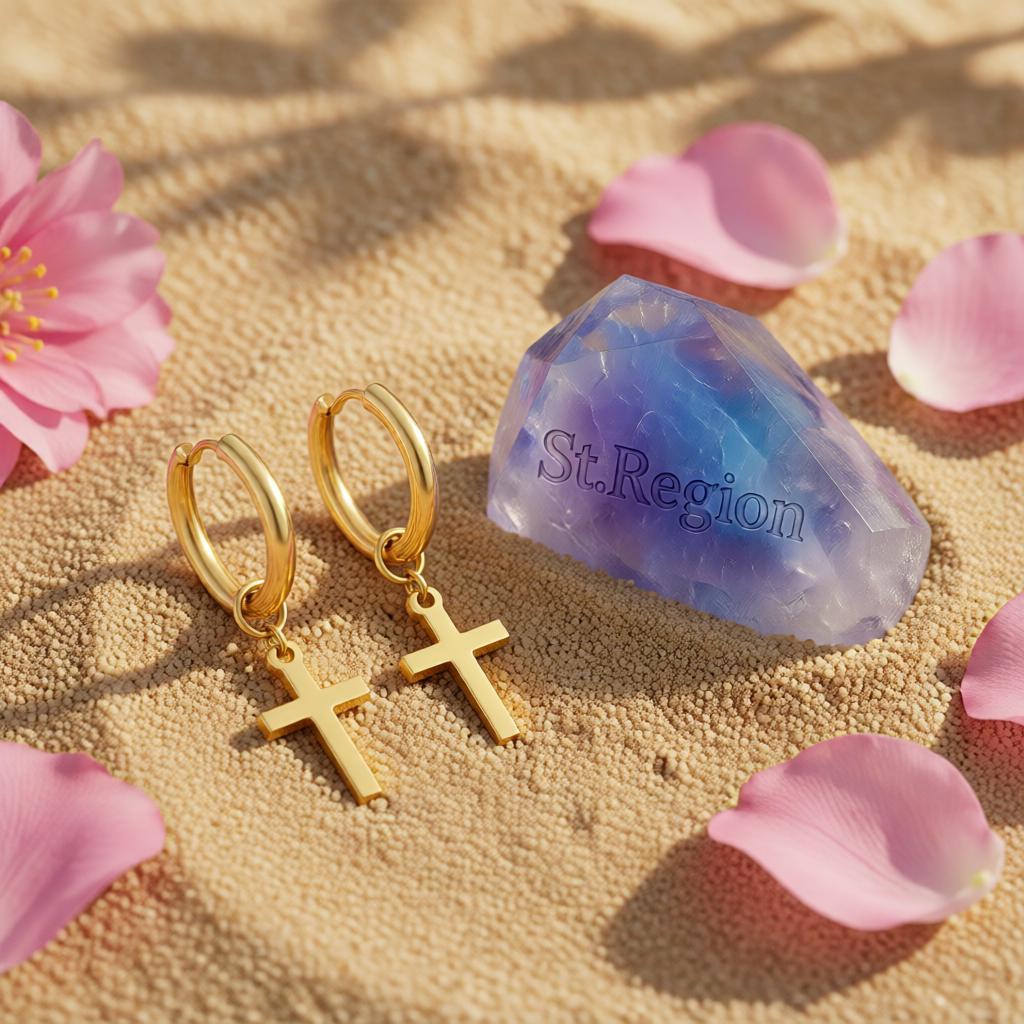 18K Gold-Plated Cross Huggie Earrings, gold huggie earrings, elegant gift for her, detail close-up