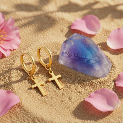18K Gold-Plated Cross Huggie Earrings, gold huggie earrings, elegant gift for her, detail close-up