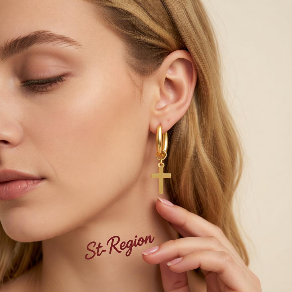 18K Gold-Plated Cross Huggie Earrings, gold huggie earrings, elegant gift for her, styled look