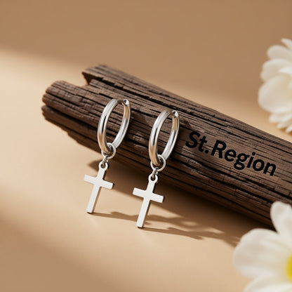 Silver-Plated Cross Huggie Earrings, silver huggie earrings, vintage-inspired design, front view