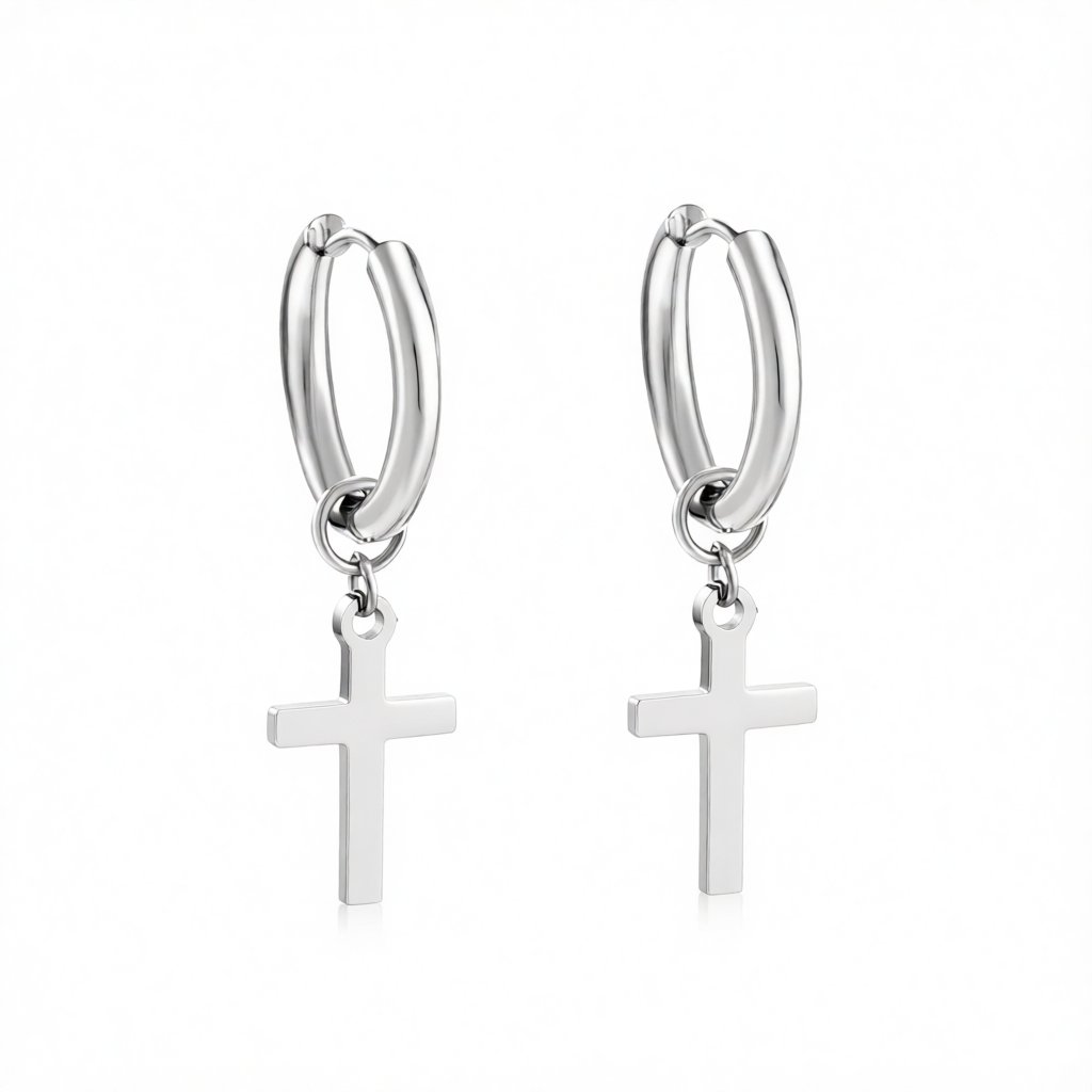 Silver-Plated Cross Huggie Earrings, silver huggie earrings, vintage-inspired design, side view