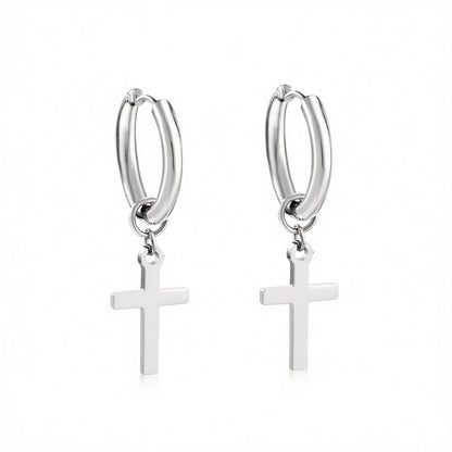 Silver-Plated Cross Huggie Earrings, silver huggie earrings, vintage-inspired design, side view