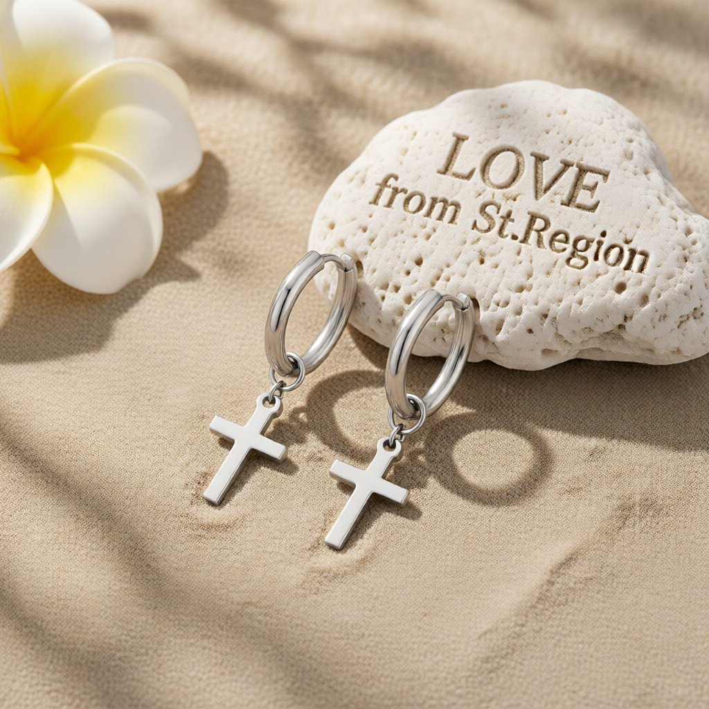 Silver-Plated Cross Huggie Earrings, silver huggie earrings, vintage-inspired design, lifestyle look