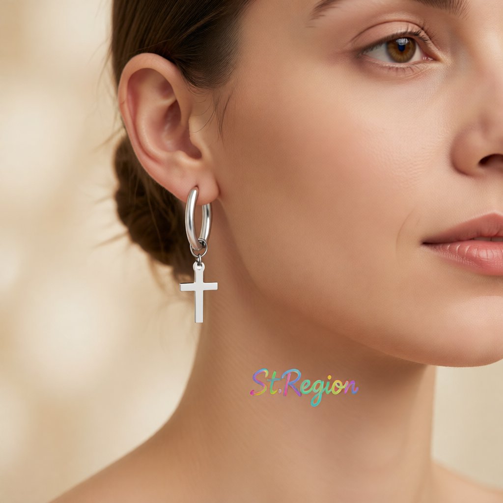 Silver-Plated Cross Huggie Earrings, silver huggie earrings, vintage-inspired design, styled look