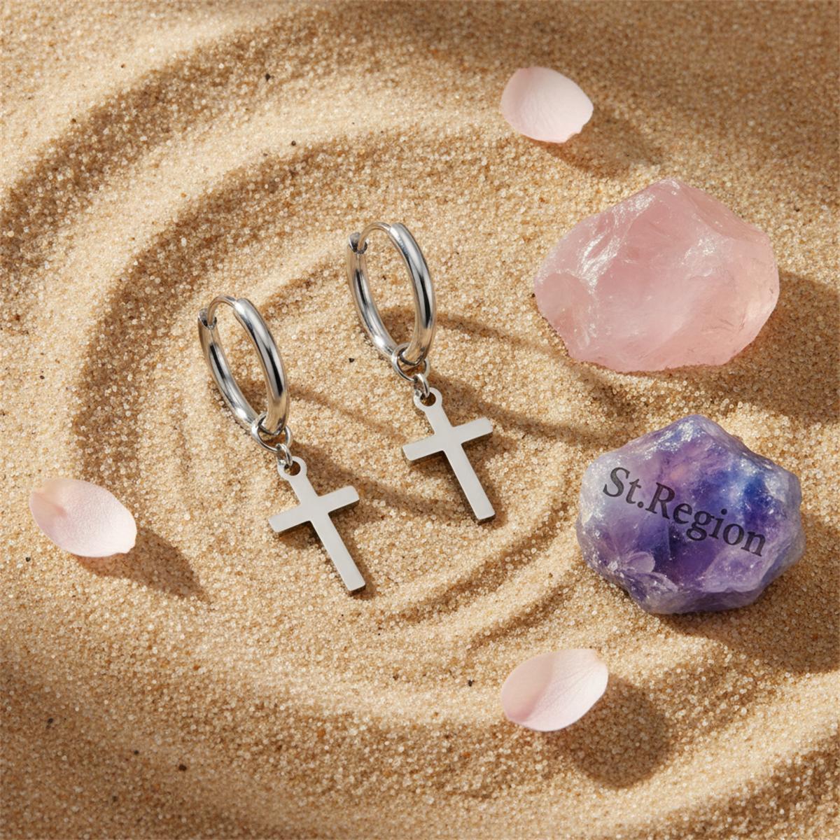 Silver-Plated Cross Huggie Earrings, silver huggie earrings, vintage-inspired design, detail close-up