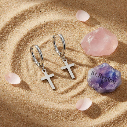 Silver-Plated Cross Huggie Earrings, silver huggie earrings, vintage-inspired design, detail close-up