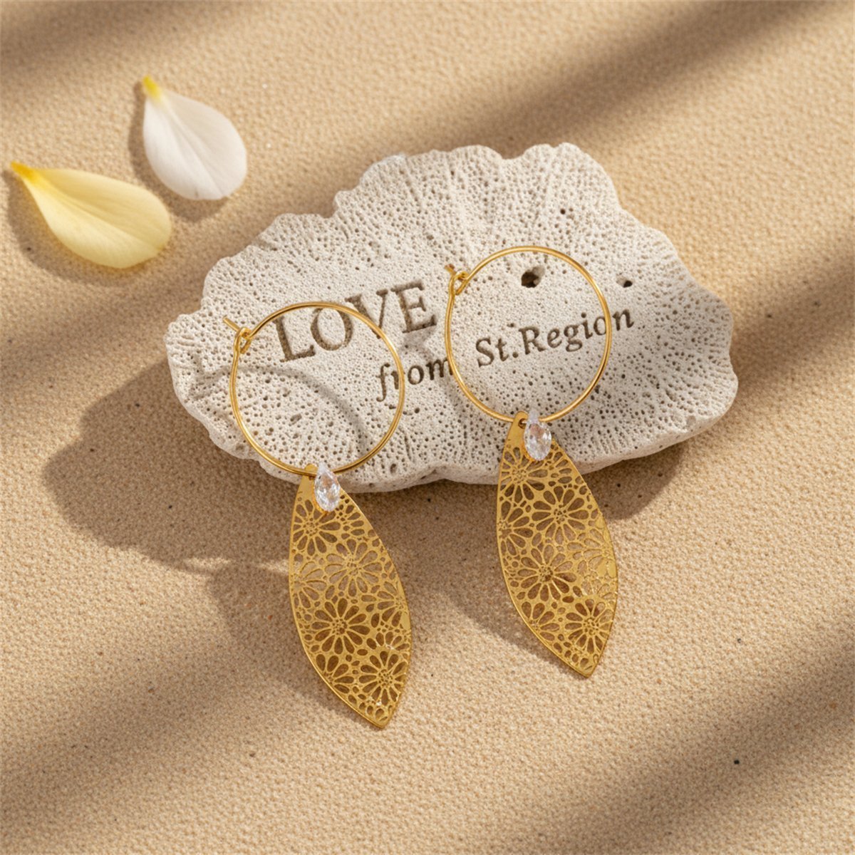 Crystal and 18K Gold-Plated Leaves Floral Drop Earrings, gold huggie earrings, dainty minimalist design, lifestyle look