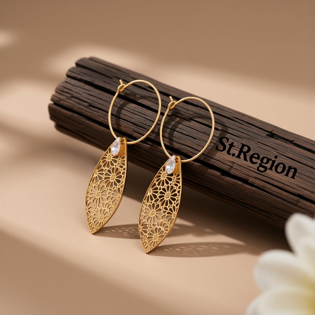 Crystal and 18K Gold-Plated Leaves Floral Drop Earrings, gold huggie earrings, dainty minimalist design, front view