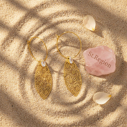 Crystal and 18K Gold-Plated Leaves Floral Drop Earrings, gold huggie earrings, dainty minimalist design, detail close-up