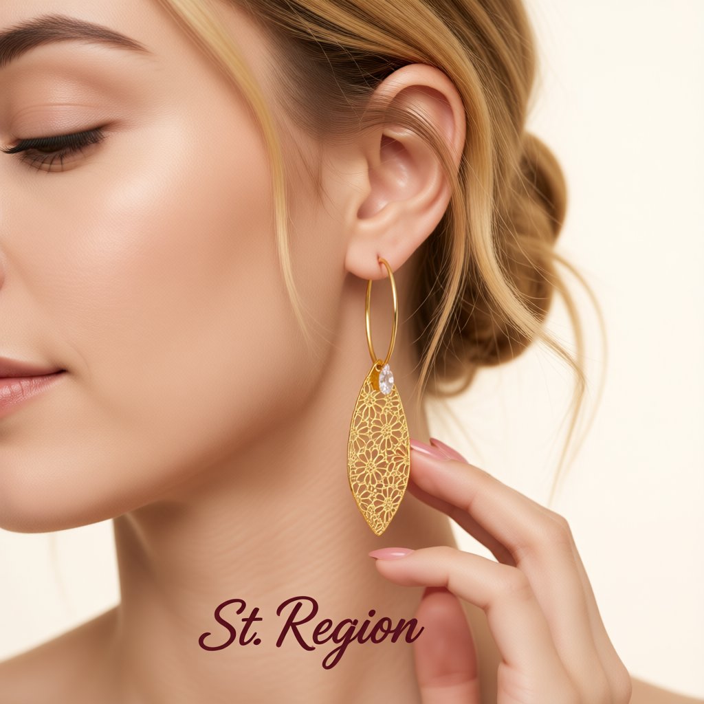 Crystal and 18K Gold-Plated Leaves Floral Drop Earrings, gold huggie earrings, dainty minimalist design, styled look