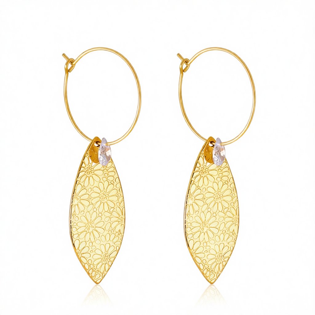 Crystal and 18K Gold-Plated Leaves Floral Drop Earrings, gold huggie earrings, dainty minimalist design, side view